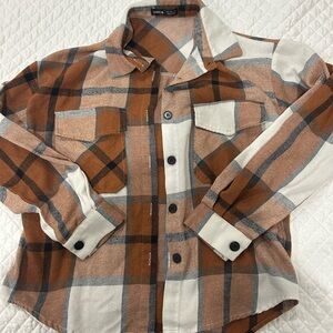 Brown and White Plaid Button-Up Shirt